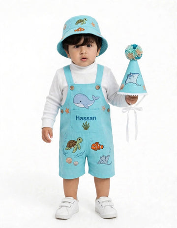 Ocean Adventure – Personalized Kids 3-Piece Outfit Set | Dungaree, Bucket Hat & Party Hat