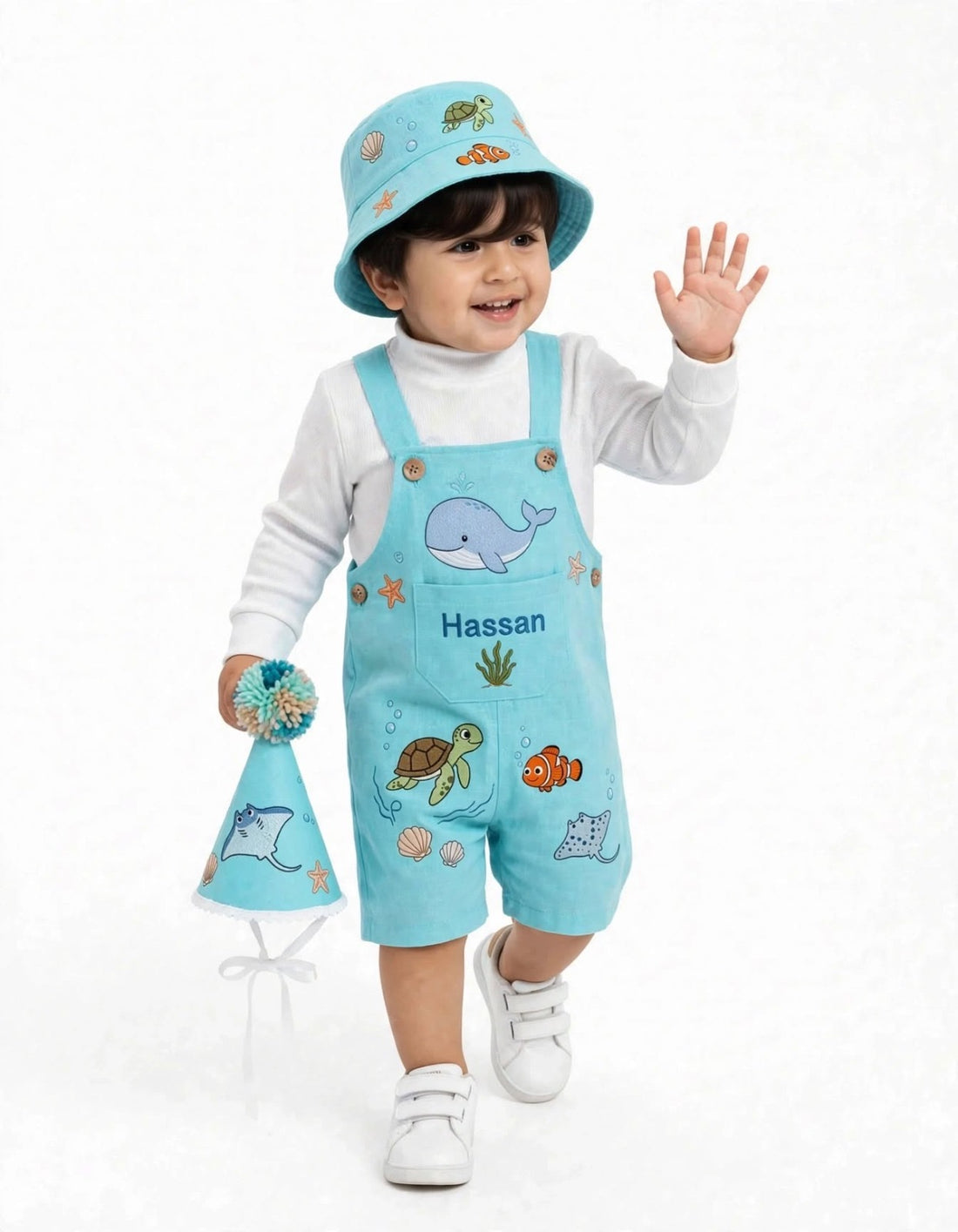 Ocean Adventure – Personalized Kids 3-Piece Outfit Set | Dungaree, Bucket Hat & Party Hat