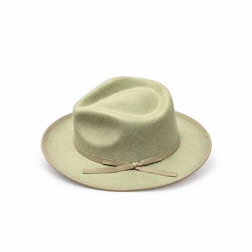 TENDI Sage Green Short-Brim Wool Felt Fedora Hat with Ribbon Bow