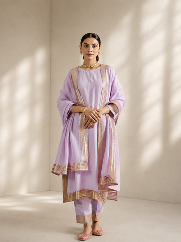 Lavender Luxe – Gold-Trimmed 3-Piece Suit