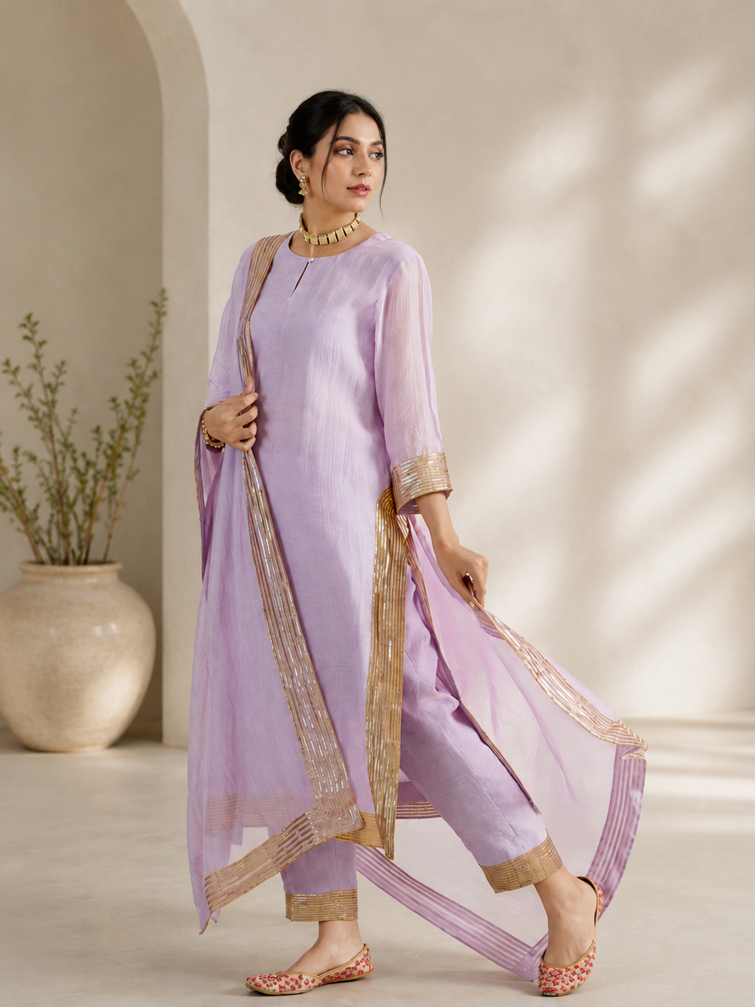 Lavender Luxe – Gold-Trimmed 3-Piece Suit