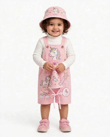 Magical Unicorn 3-Piece Outfit Set | Dungaree, Bucket Hat & Party Hat Girl