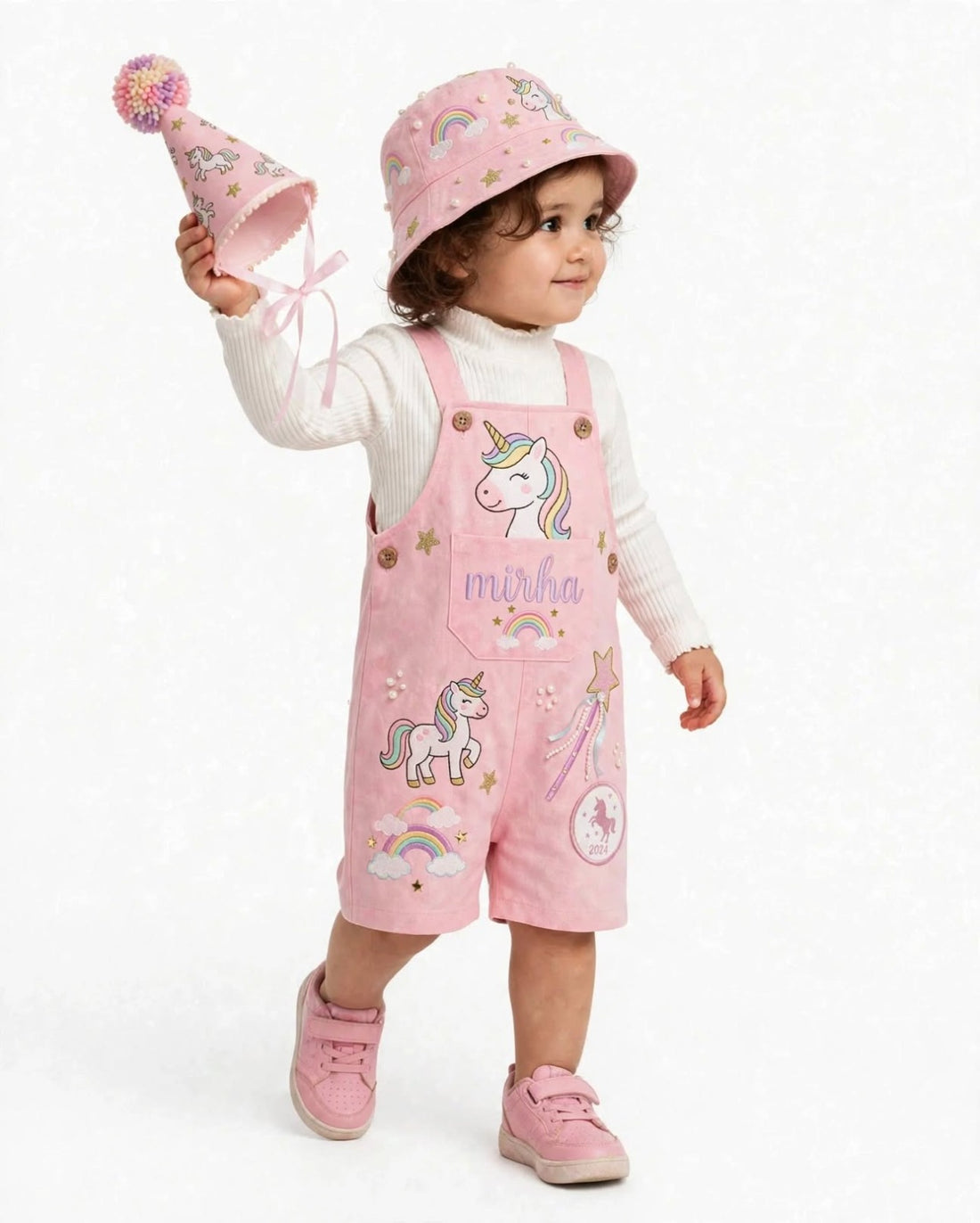 Magical Unicorn 3-Piece Outfit Set | Dungaree, Bucket Hat & Party Hat Girl