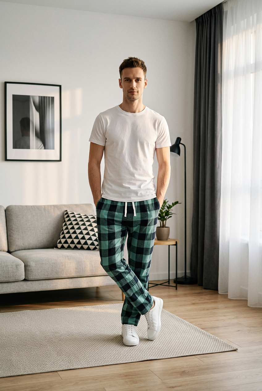 TENDI Comfort Lounge Wear Pajama Pants – Green Plaid
