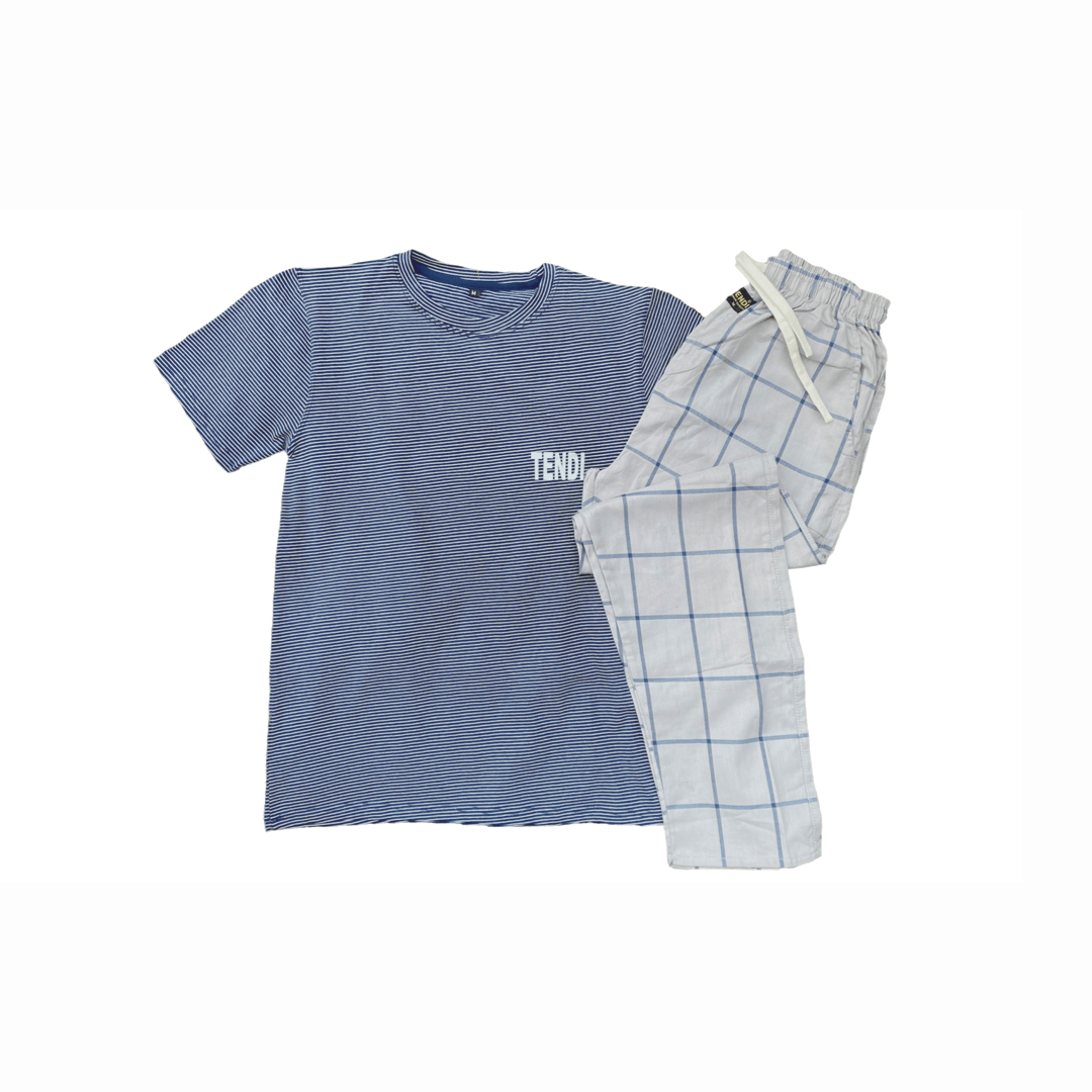 Tendi Stripe Navy Blue T Shirt & Check Cotton Pajama Unisex | Soft & Comfortable Lounge Wear Set - Tendi