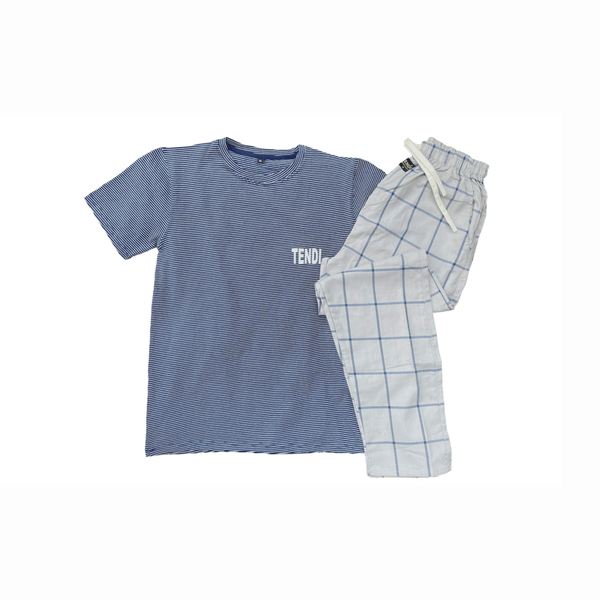 Tendi Stripe Navy Blue T Shirt & Check Cotton Pajama Unisex | Soft & Comfortable Lounge Wear Set - Tendi