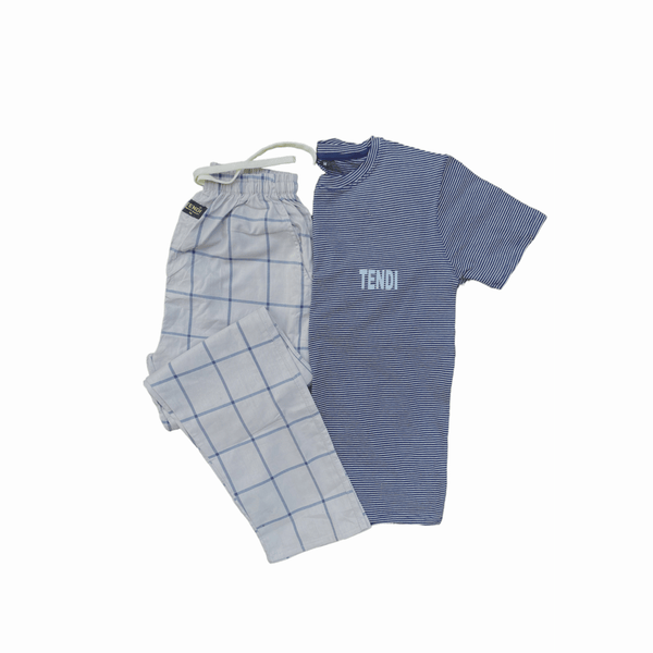 Tendi Stripe Navy Blue T Shirt & Check Cotton Pajama Unisex | Soft & Comfortable Lounge Wear Set - Tendi