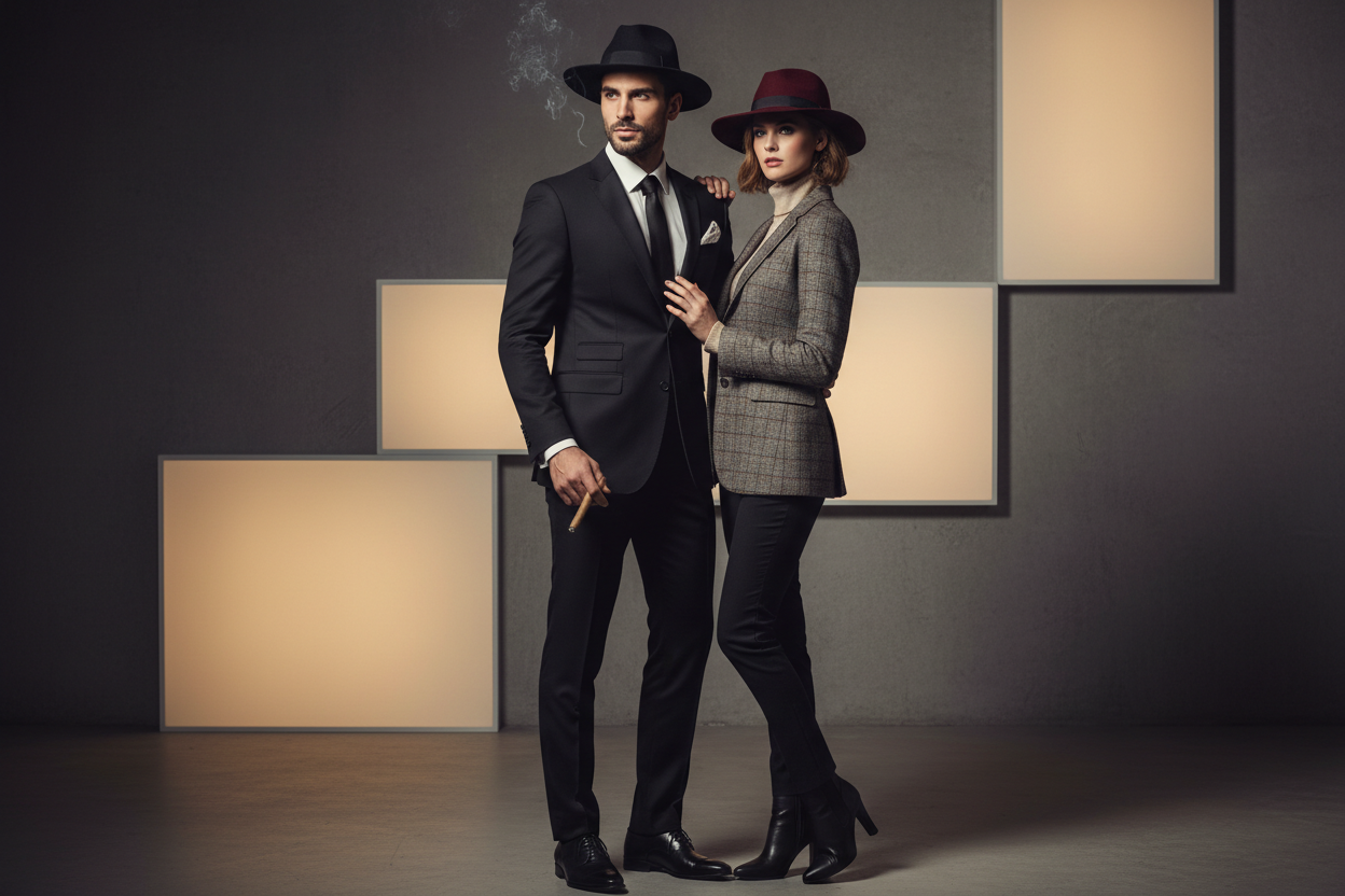 one pakistani men in black suit an dblack fedora hat with ciigar and girl with winter blazer and maroon fedorra hat - model photo shot1621243260e1af0c20-2